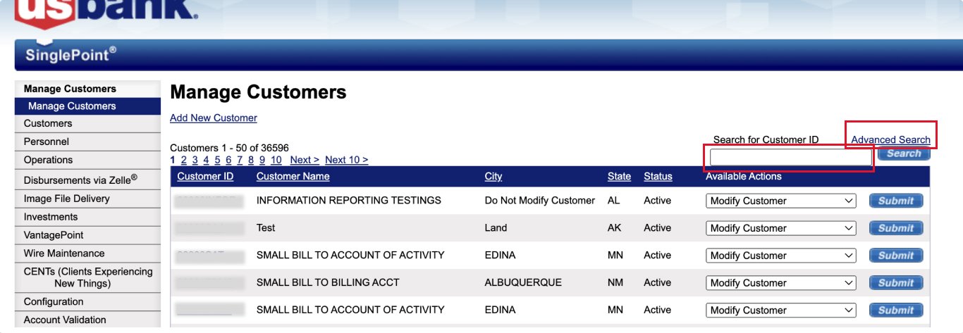 Manage customers screen that shows the customer table, search box for customer ID, and advanced search link.