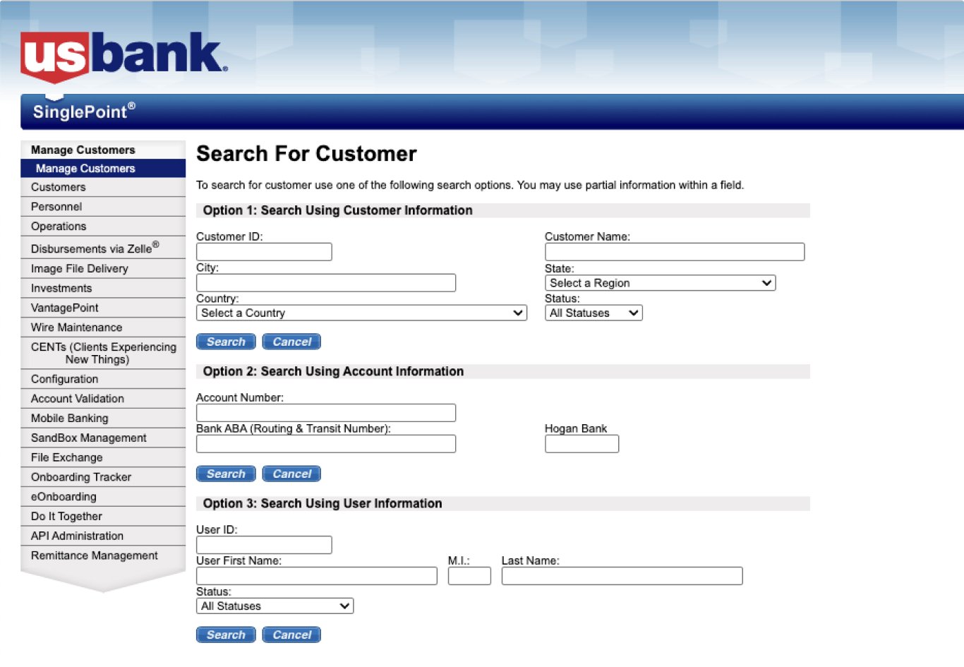 Advance search form with three sections - search by using customer information, search by using account information and search by using user data.