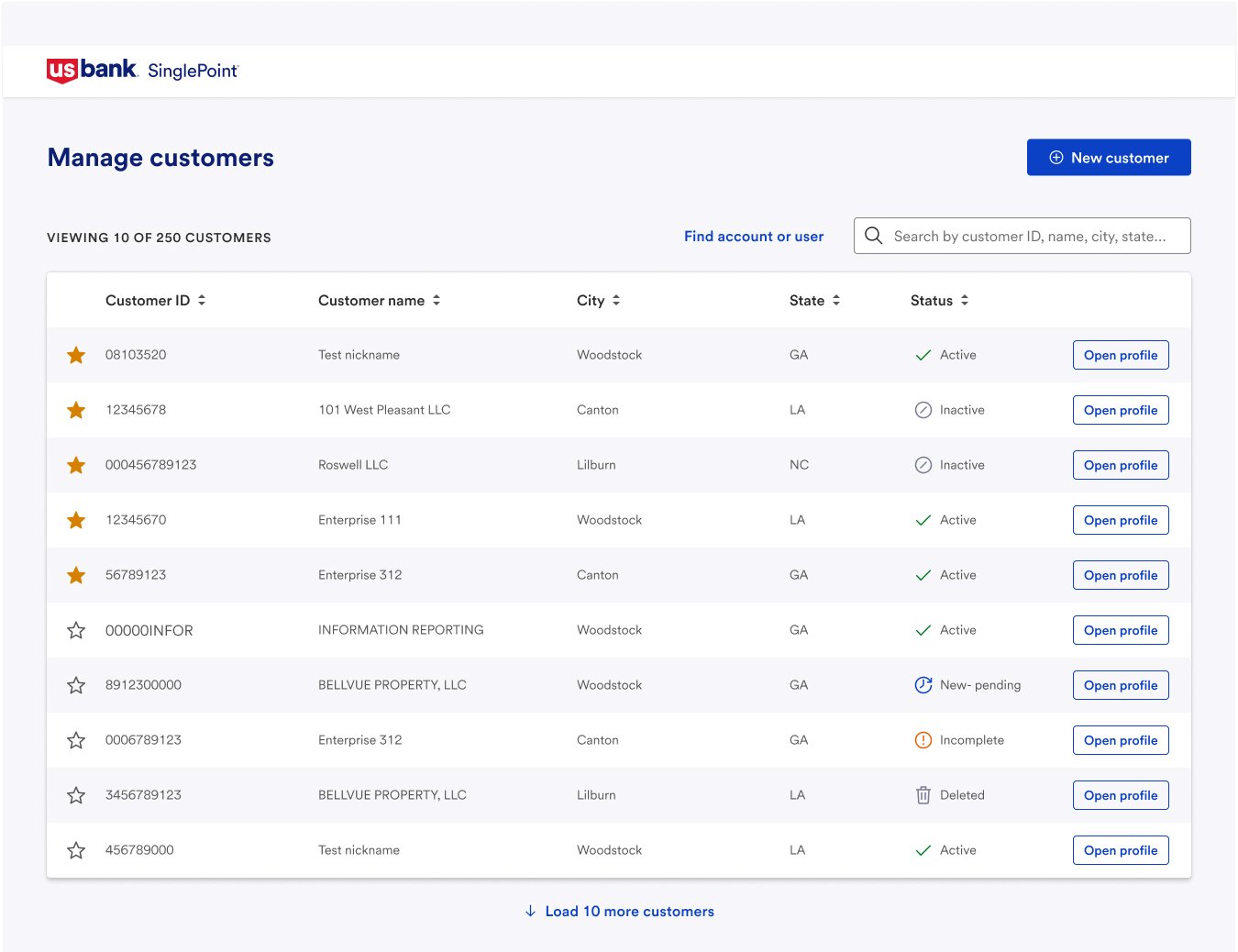Redesigned Manage customer screen. The search box provides option to search not only by customer ID but also by customer name, state, city and status.