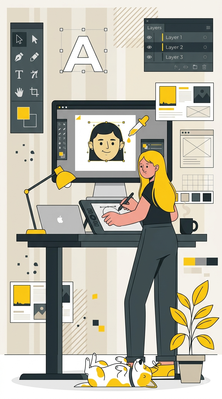 Illustration of lady that create designs on her tablet.