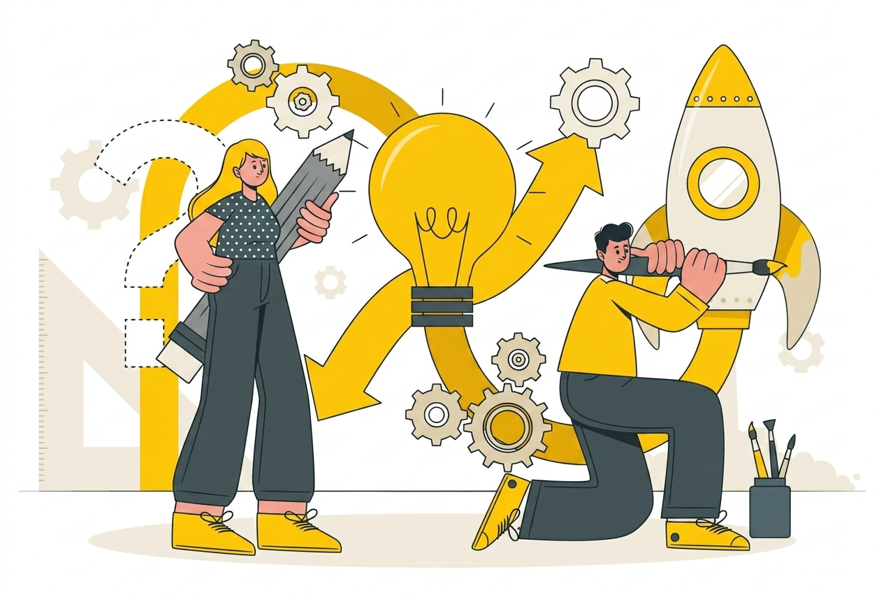 Illustration of two people who work in a team to build something big.